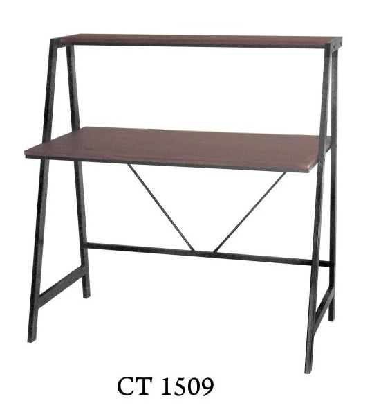 Sleek Computer Table in Black Steel Frame, Laminated Dark Walnut TableTop with Shelf Ledge, CT 1509