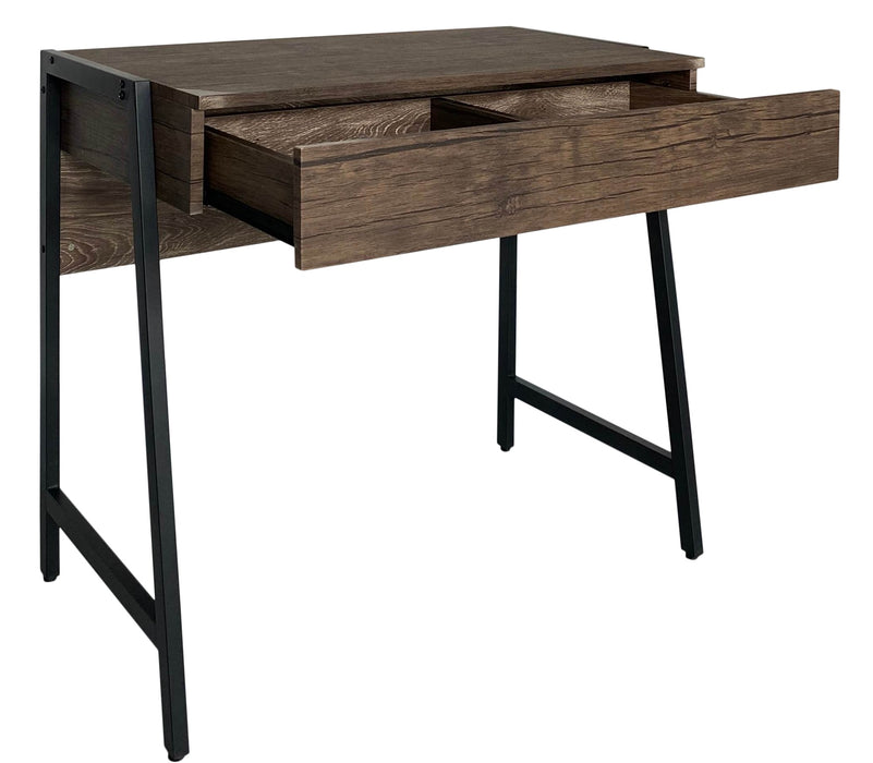 Computer Study Table in Black Metal Frame with Drawers; Black Walnut Color, CT 2021