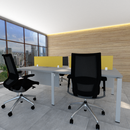 Open Plan Benching Workstation for 4 in 2 x 2 setup, Screen and Front Panel included, Wiring Management with Provision for Power, Data, USB