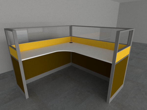 Office Partition Cubicle for 1 person in "L" Configuration; Panel System in Glass and Fabric or Laminate; Light Grey Top