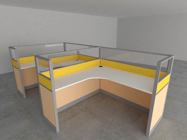 Office Partition Workstation for 2 persons in "L" Configuration; Panel System in Glass and Fabric oe Laminate Finish; Light Grey Tabletop