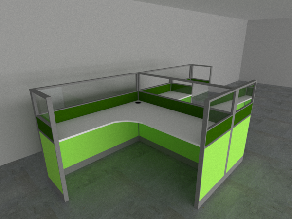 Office Partition Workstation for 2 persons in "T" Configuration; Panel System in Glass and Fabric or Laminate Finish; Light Grey Tabletop
