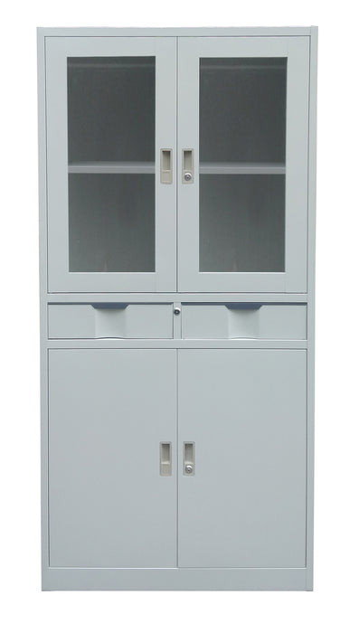 Steel Storage Cabinet with See Through Doors, Two Drawers, Cabinet, Light Gray; MTC 46