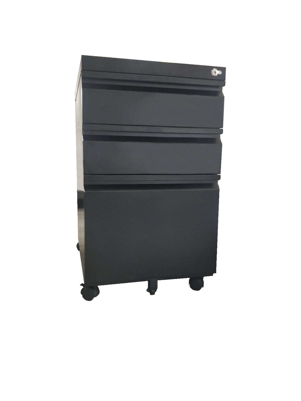Steel mobile pedestal with 3 drawers and a recessed handle.