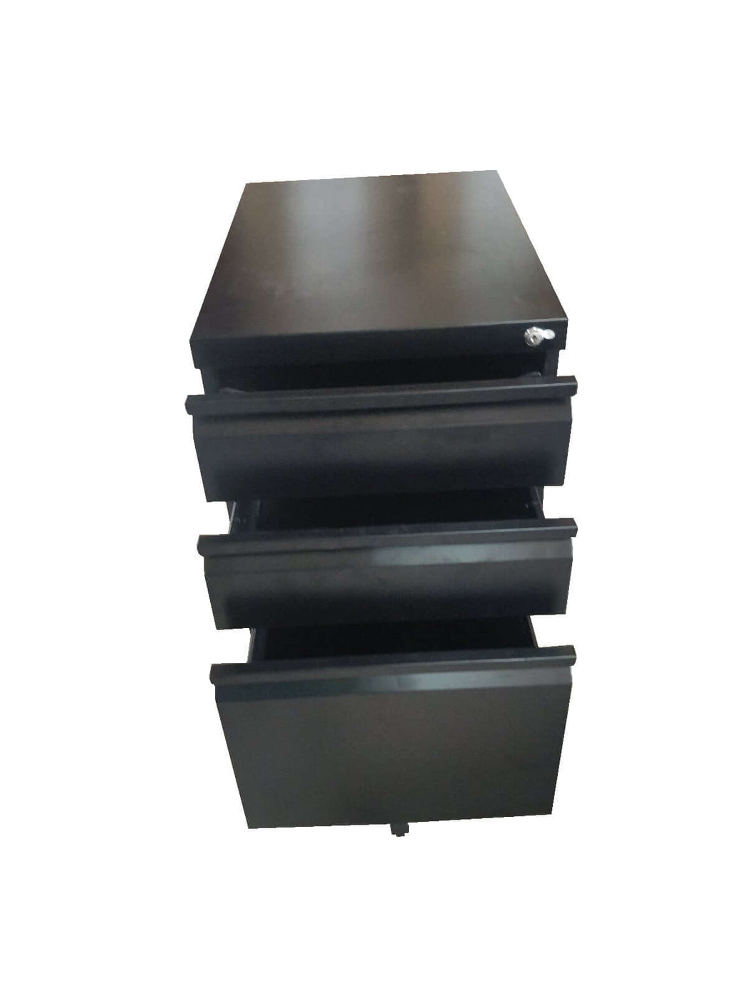 Steel mobile pedestal with 3 drawers and a recessed handle.