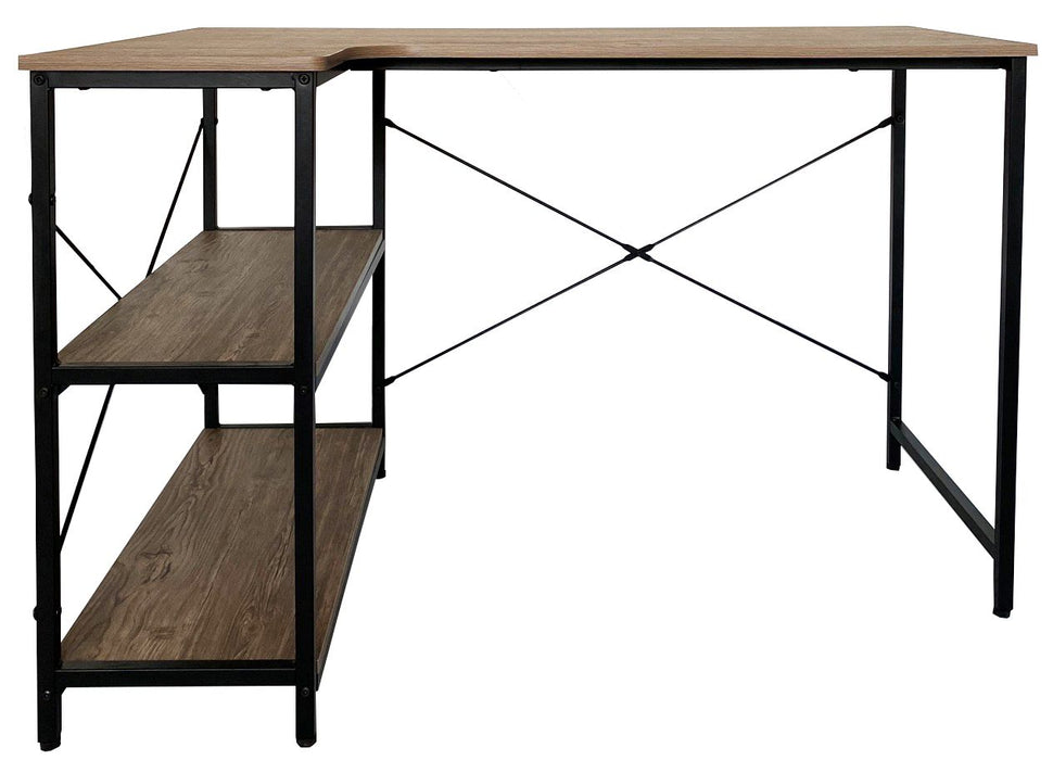 Modern Computer Table Black Metal Leg with Side Shelves; Medium Oak TableTop