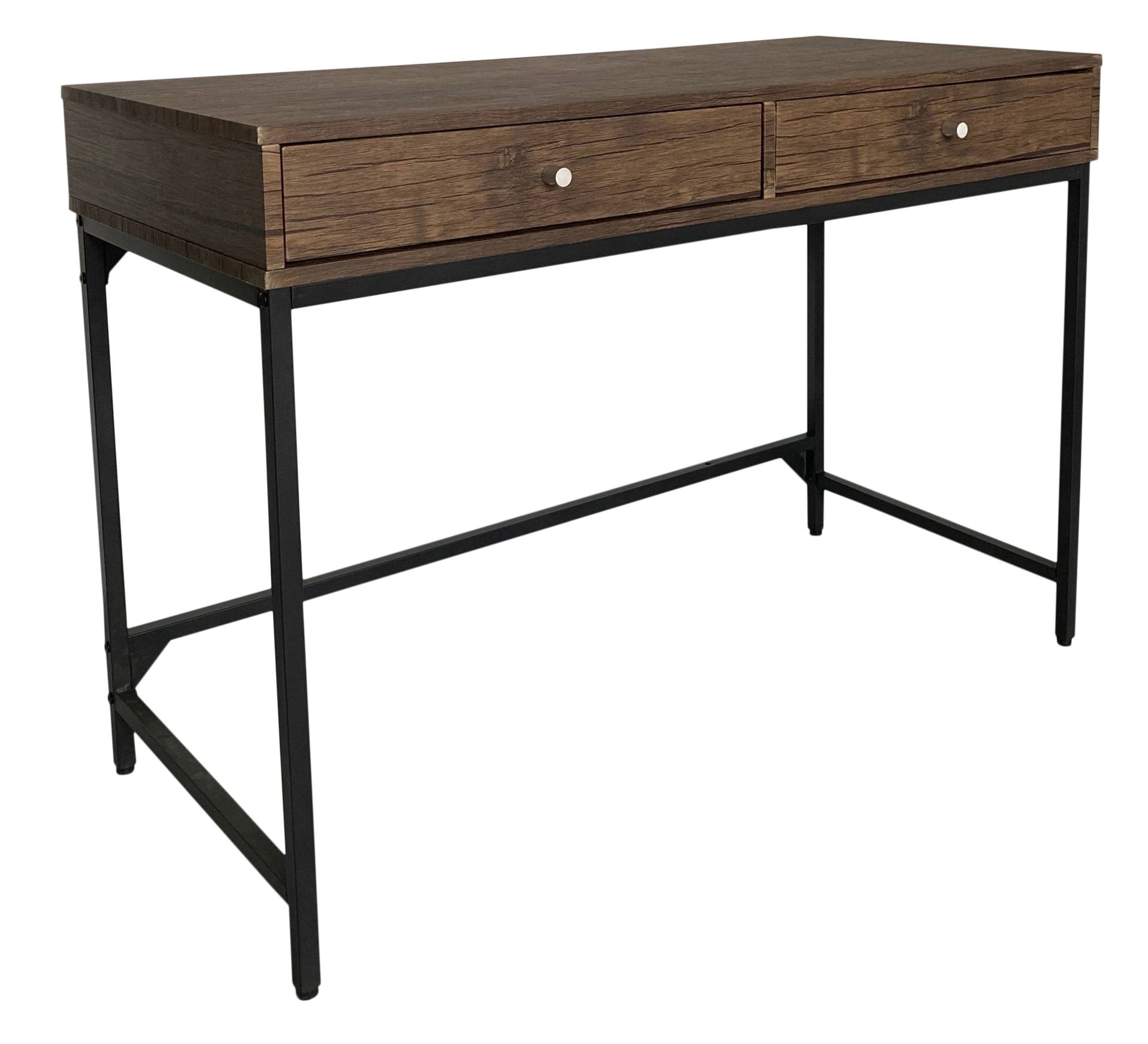 Black metal study table with drawers and a black walnut