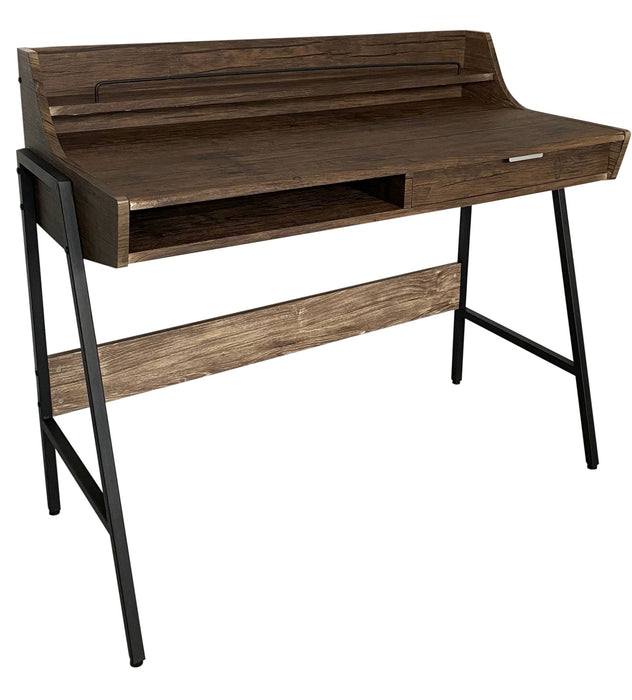 Computer Study Table in Black Metal Frame with Open & Pull-Out Drawer; Black Walnut Color, CT 2025