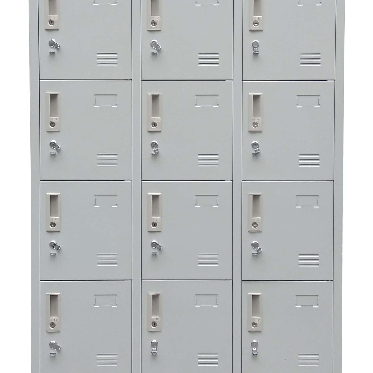 Light gray 18-door locker with nameplate and padlock hasp