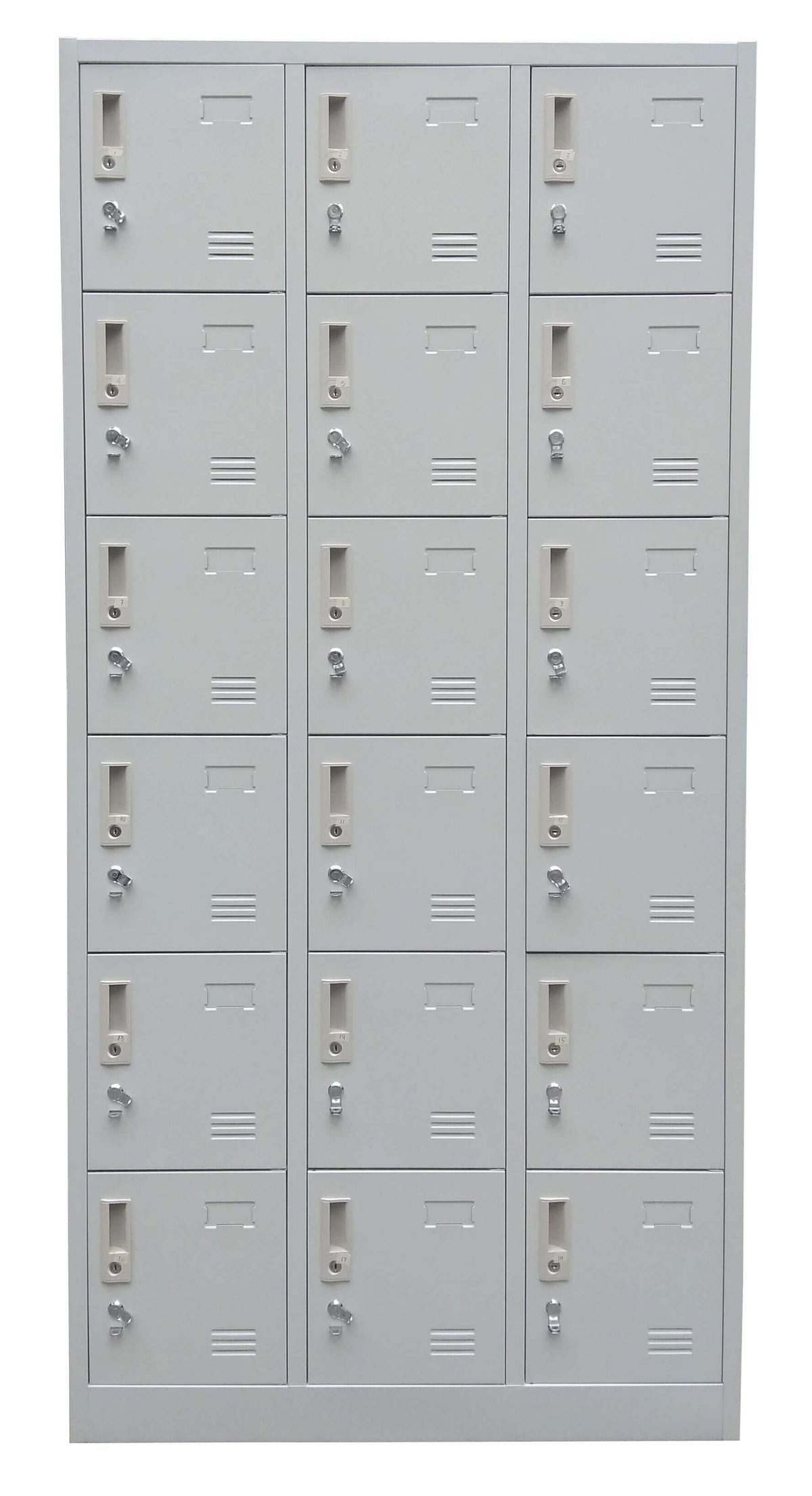 Light gray 18-door locker with nameplate and padlock hasp
