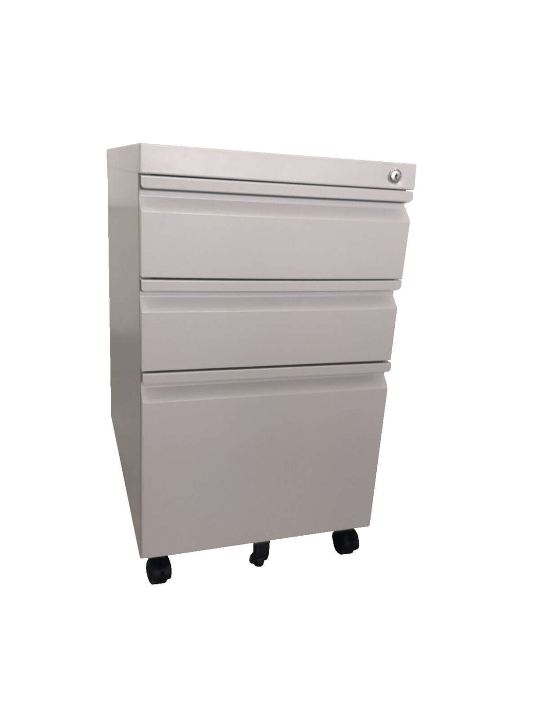 Steel mobile pedestal with 3 drawers and a recessed handle.