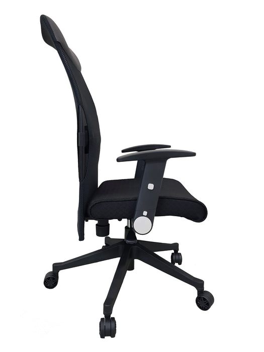 Mesh High Back Swivel Office Chair, PU Leather Headrest and Fabric Seat, Black, Adjustable and Foldable Armrest, JG 304138GS