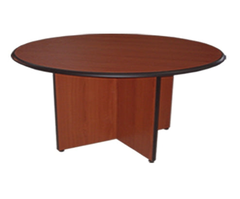 Round Laminated Meeting Table in Panel Legs for 4 Pax, Cherry Walnut Finish