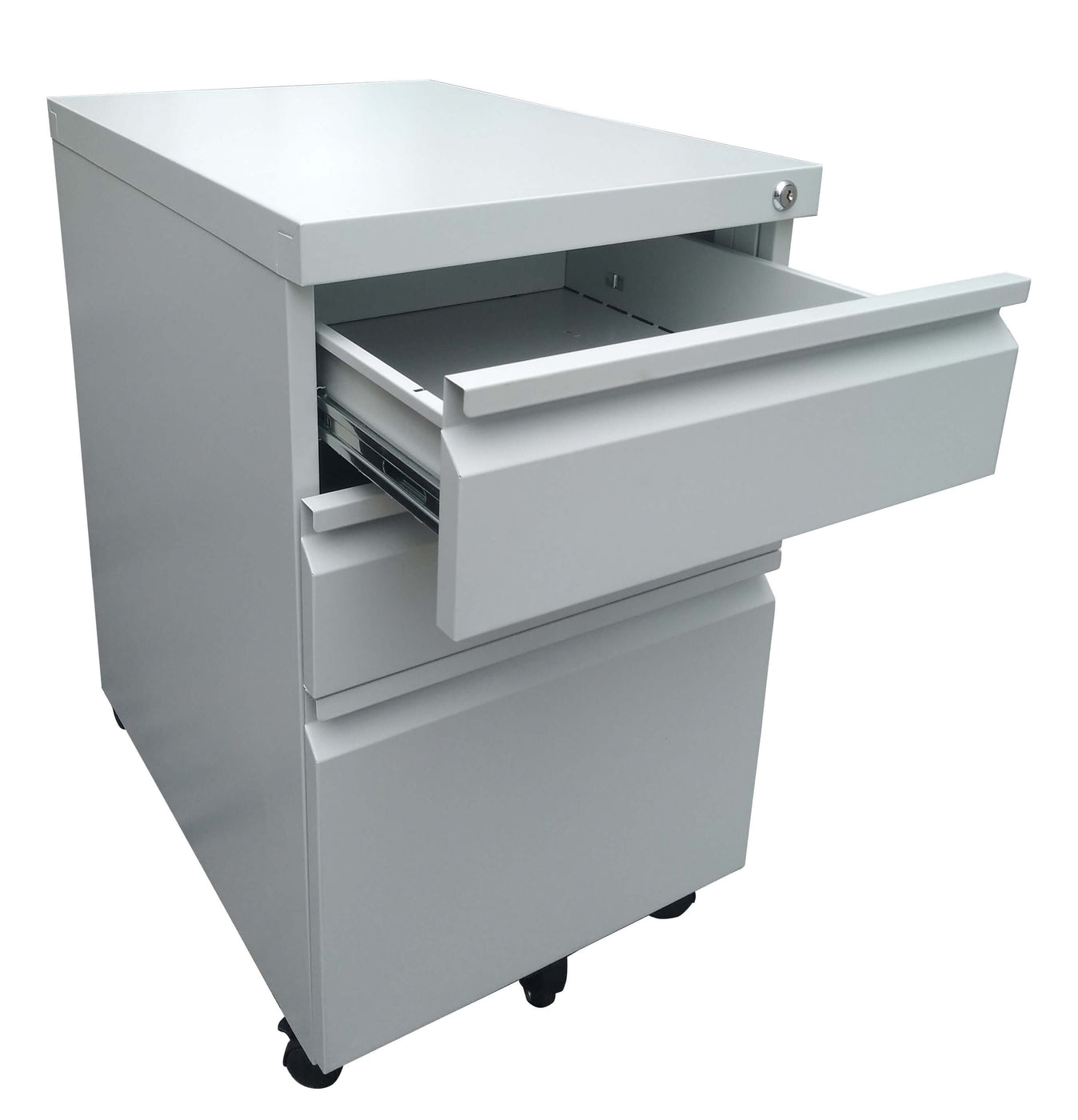 Steel mobile pedestal with 3 drawers and a recessed handle.