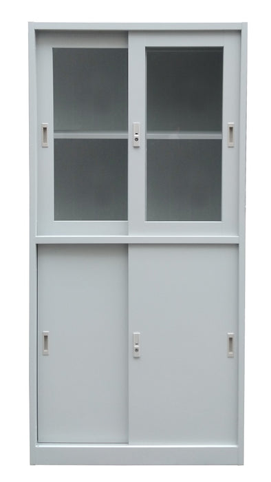 Steel Storage Cabinet, Top See-Thru Sliding Door, Bottom Steel Sliding Door, Light Gray