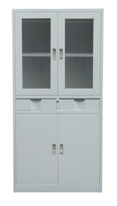 Steel Storage Cabinet with See Through Doors, Two Drawers, Cabinet, Light Gray