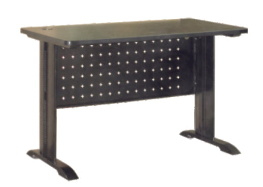 Industrial Writing Table with Black Metal Leg and Front Panel, Perforated Design, Laminated Wenge TableTop